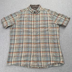 Kuhl Shirt Mens XL Button-Up Blue Plaid Pockets Short Sleeve Outdoor Linen Blend